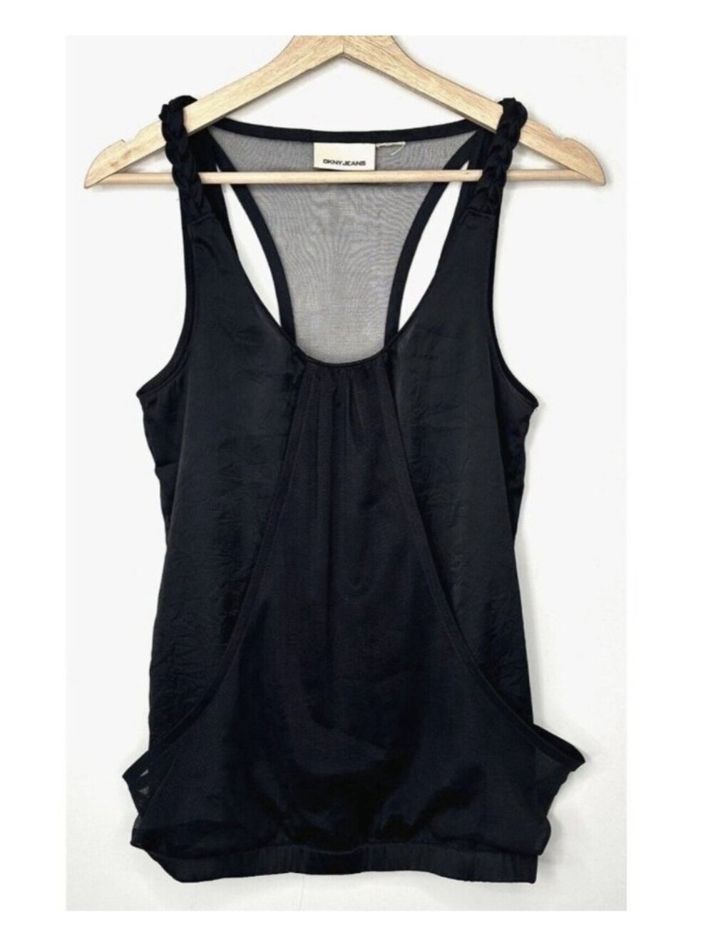 DKNY Jeans Semi Sheer Mesh Tank Top Womens S Black Racerback Braided Strap
